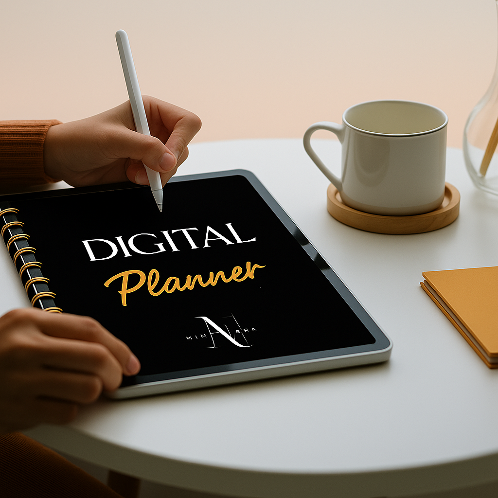 Planner digital musulman Nihwaara – organisation et productivité Planner digital musulman Nihwaara affiché sur tablette avec stylet – outil d’organisation